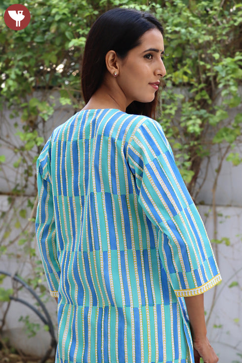 Cambric Cotton Kurta Pant With Dupatta In Striped Block Print