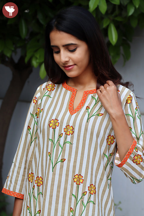 Cambric Cotton Kurta And Pant Set In Striped Block Print