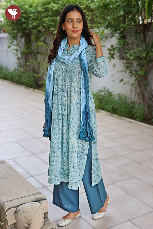 Mul Mul Cotton Kurta Pant With Dupatta In Floral Block Print