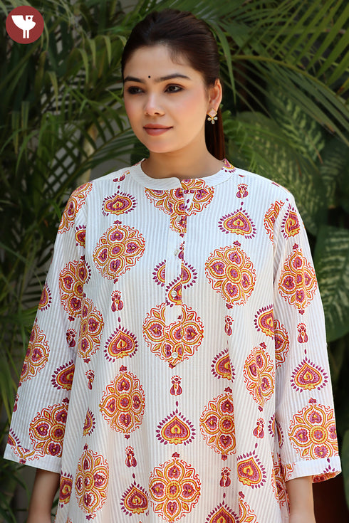Cotton Strip Kurta And Pant Set in Block Print