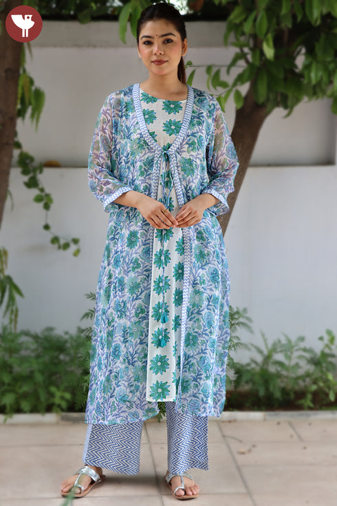 MulMul Cotton Blue/Green Kurta Pant Set With Kota Overlay