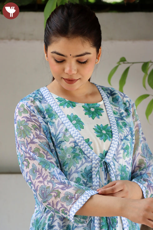 MulMul Cotton Blue/Green Kurta Pant Set With Kota Overlay