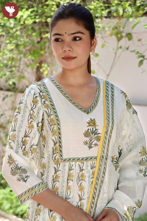 Chanderi Silk Kurta Pant With Dupatta In Floral Block Print