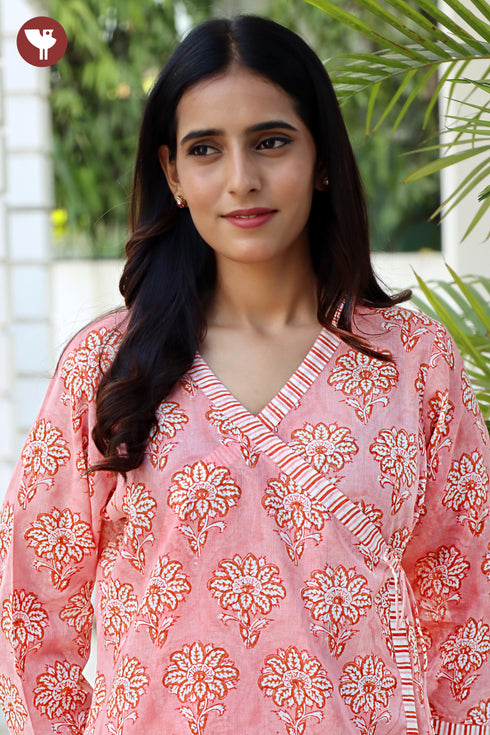 Mul Mul Cotton Angarkha Style Kurta And Pant Set In Floral Block Print