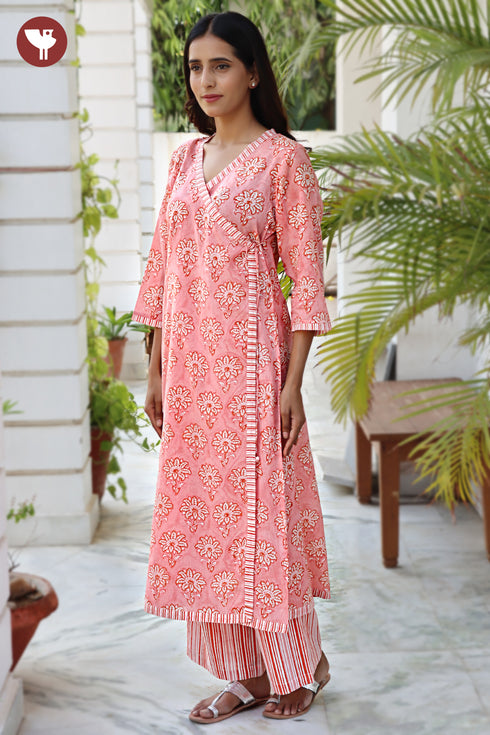 Mul Mul Cotton Angarkha Style Kurta And Pant Set In Floral Block Print