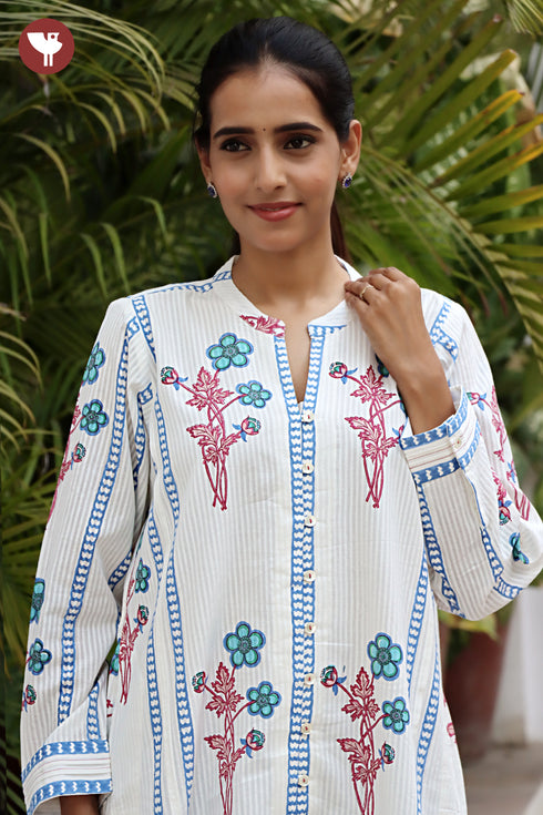 Cotton Strip Kurta And Pant Set in Floral Block Print