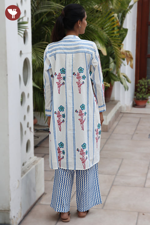 Cotton Strip Kurta And Pant Set in Floral Block Print