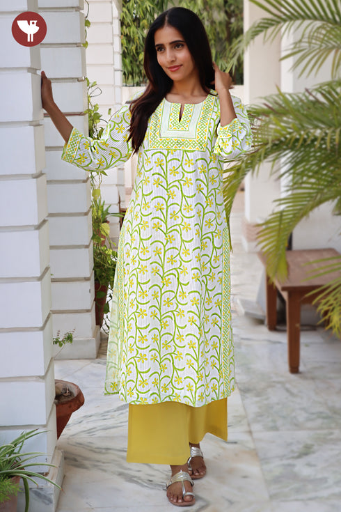 Cotton Strip Kurta And Pant Set in Floral Block Print