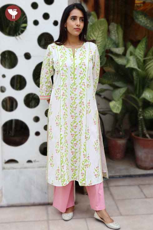 Cotton Strip Kurta And Pant Set in Floral Block Print