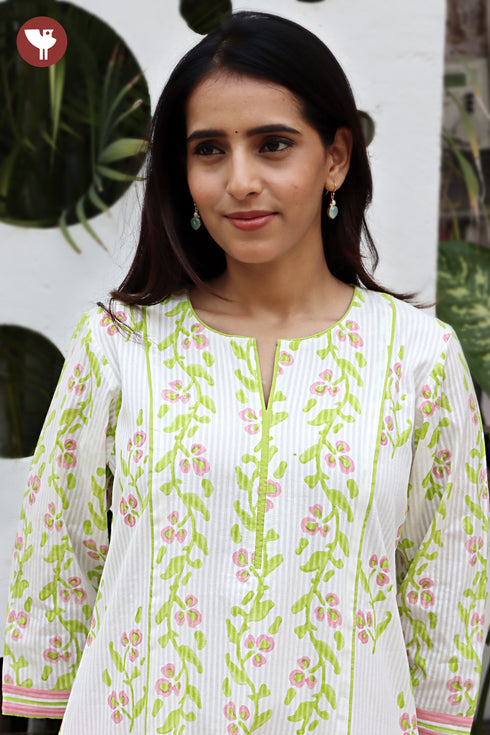 Cotton Strip Kurta And Pant Set in Floral Block Print