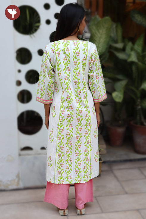 Cotton Strip Kurta And Pant Set in Floral Block Print