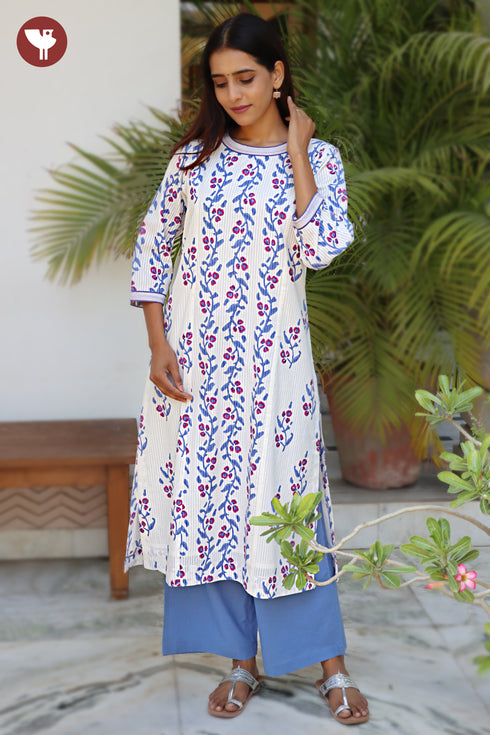 Cotton Striped Kurta And Pant Set in Floral Block Print