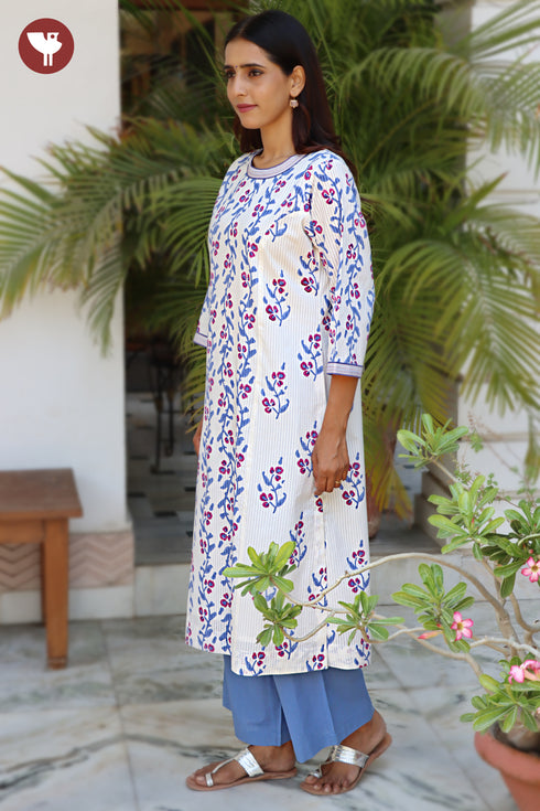 Cotton Striped Kurta And Pant Set in Floral Block Print