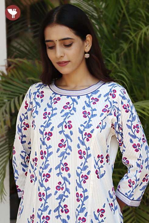 Cotton Striped Kurta And Pant Set in Floral Block Print