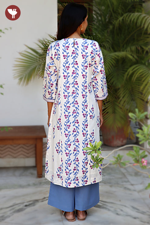 Cotton Striped Kurta And Pant Set in Floral Block Print