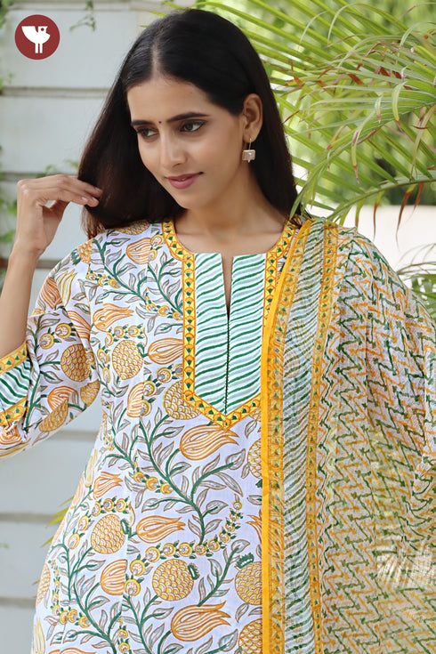 Terry Voile Kurta Pant With Dupatta In Floral Block Print