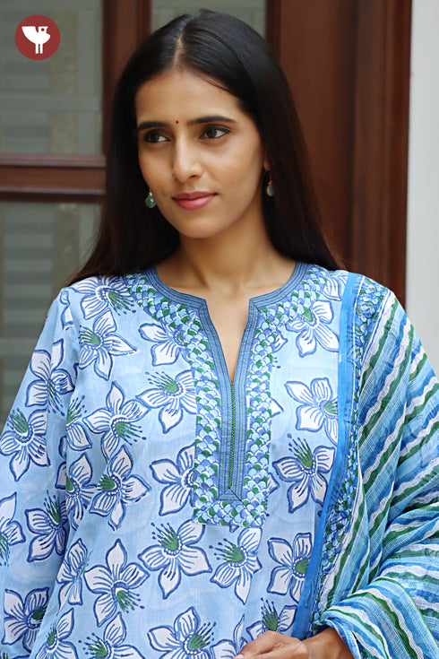 Terry Voile Kurta Pant with Dupatta in Floral Block Print
