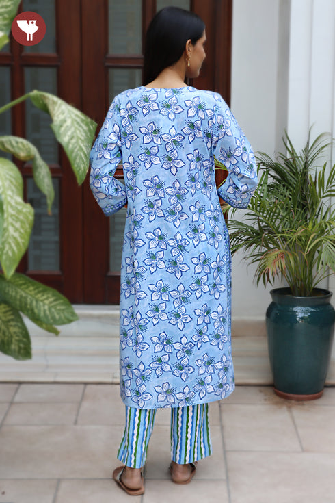 Terry Voile Kurta Pant with Dupatta in Floral Block Print