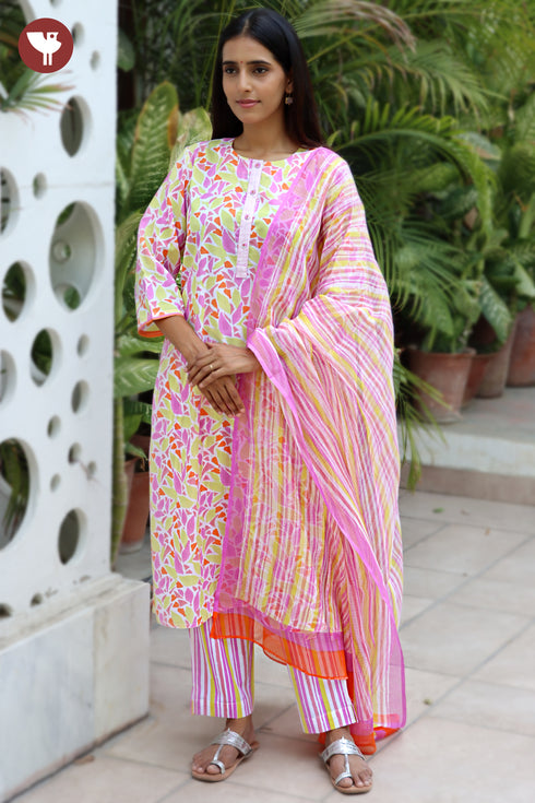 Terry Voile Pink & Lemon YellowKurta Pant with Dupatta in Floral Block Print