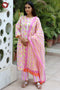 Terry Voile Pink & Lemon YellowKurta Pant with Dupatta in Floral Block Print