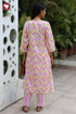 Terry Voile Pink & Lemon YellowKurta Pant with Dupatta in Floral Block Print