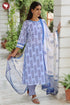 Terry Voile White & Blue Kurta Pant with Dupatta in Geometric Block Print
