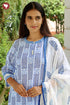 Terry Voile White & Blue Kurta Pant with Dupatta in Geometric Block Print