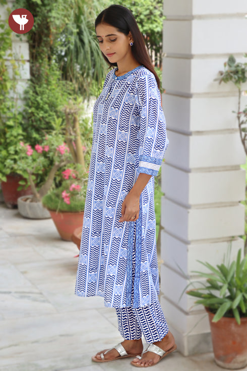 Terry Voile White & Blue Kurta Pant with Dupatta in Geometric Block Print