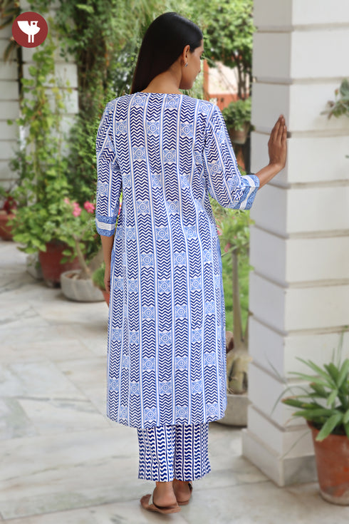 Terry Voile White & Blue Kurta Pant with Dupatta in Geometric Block Print