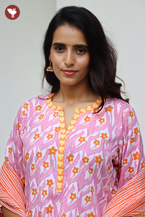 Terry Voile Kurta Pant With Dupatta In Floral Block Print