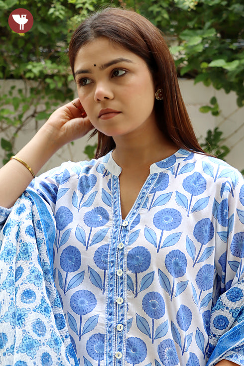 Terry Voile Kurta Pant with Dupatta in Floral Block Print