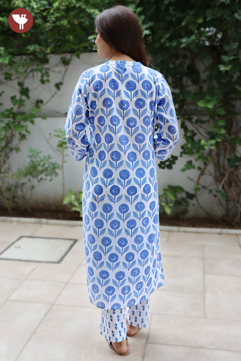 Terry Voile Kurta Pant with Dupatta in Floral Block Print