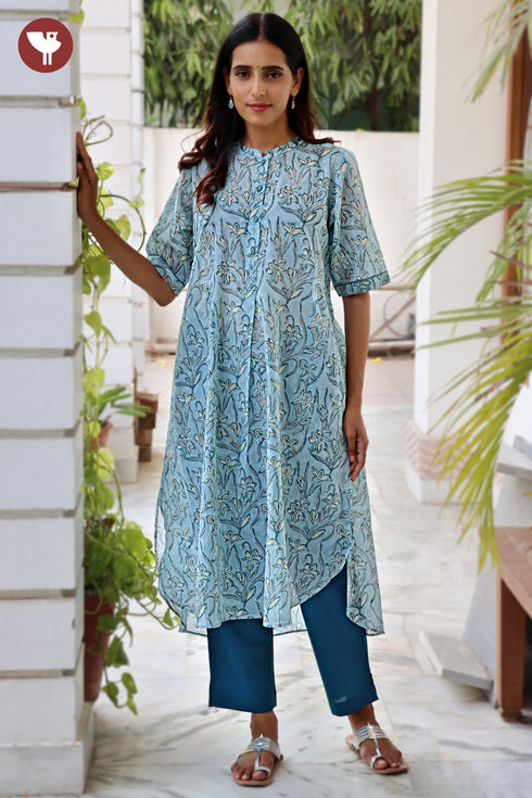 Mul Mul Cotton Kurta And Pant Set In Floral Block Print