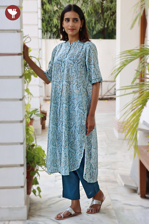 Mul Mul Cotton Kurta And Pant Set In Floral Block Print