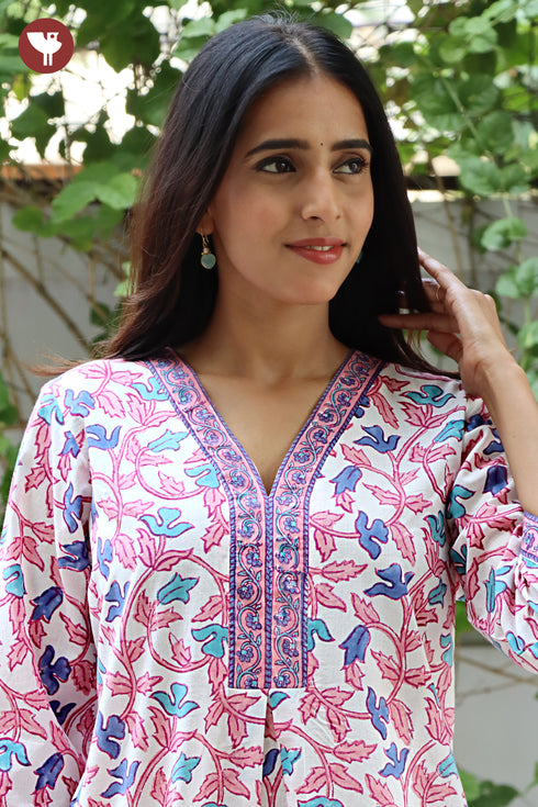 Cambric Cotton Kurta And Pant Set In Floral Block Print