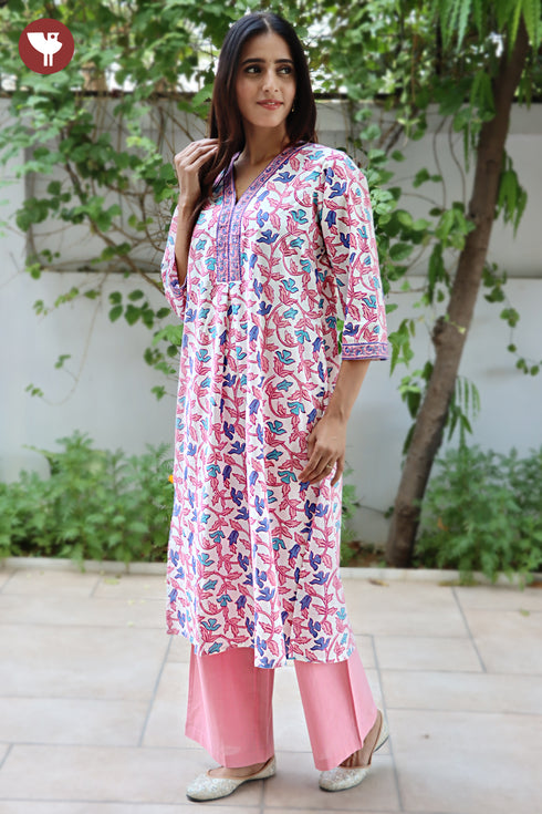 Cambric Cotton Kurta And Pant Set In Floral Block Print