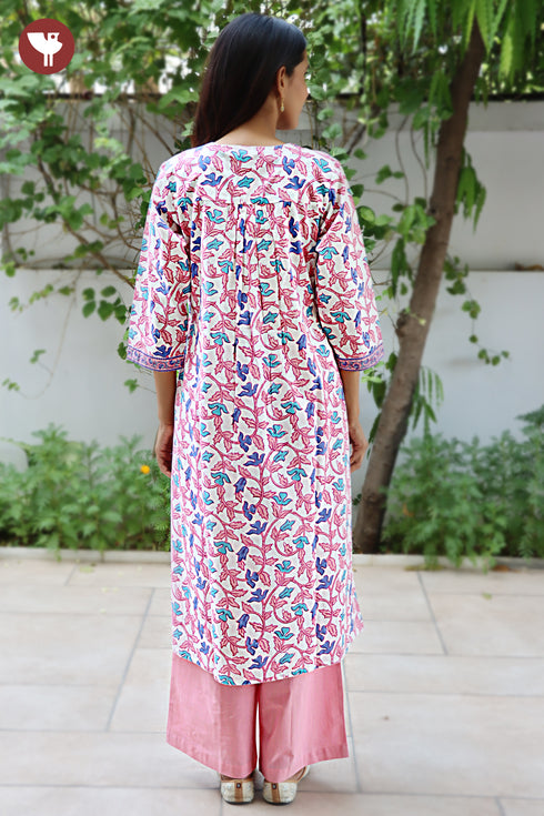 Cambric Cotton Kurta And Pant Set In Floral Block Print