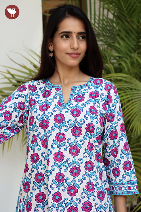 Cambric Cotton Kurta And Pant Set In Floral Block Print