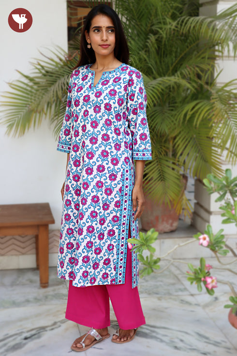 Cambric Cotton Kurta And Pant Set In Floral Block Print