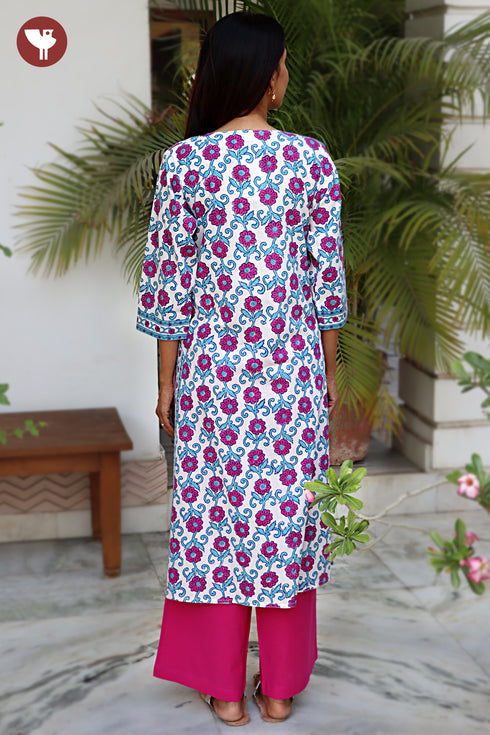 Cambric Cotton Kurta And Pant Set In Floral Block Print