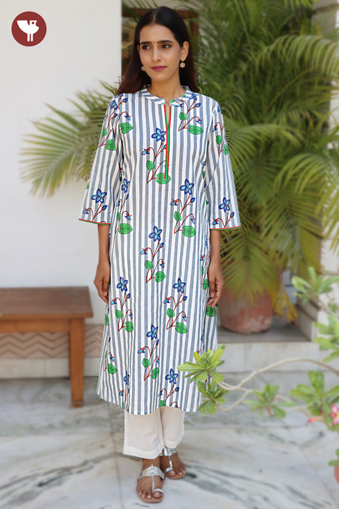 Cambric Cotton Kurta And Pant Set in Striped Block Print