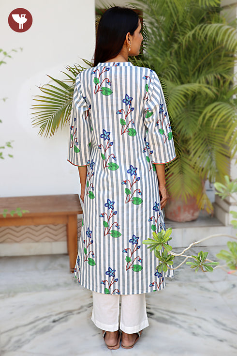 Cambric Cotton Kurta And Pant Set in Striped Block Print