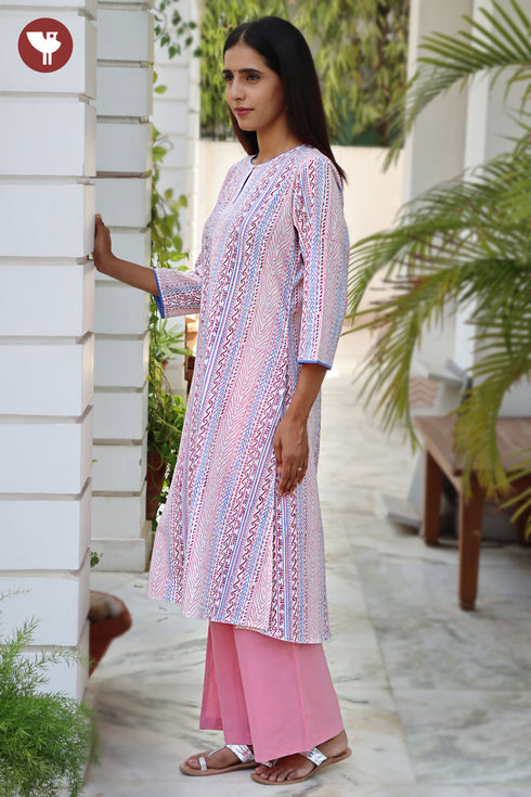 Cambric Cotton Kurta And Pant Set In Floral Block Print
