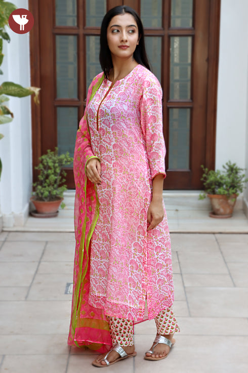 Kota Doria Kurta Pant Set With Dupatta In Block Print