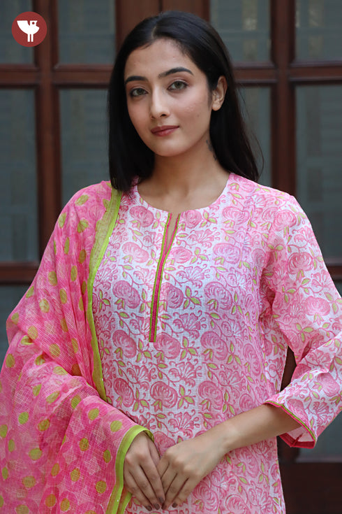 Kota Doria Kurta Pant Set With Dupatta In Block Print