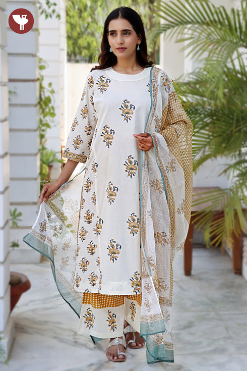 Cambric Cotton Kurta Pant With Dupatta In Floral Block Print