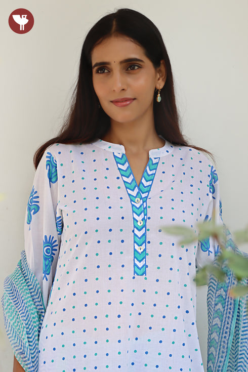 Cambric Cotton White & Aqua Kurta Pant with Dupatta in Floral Block Print