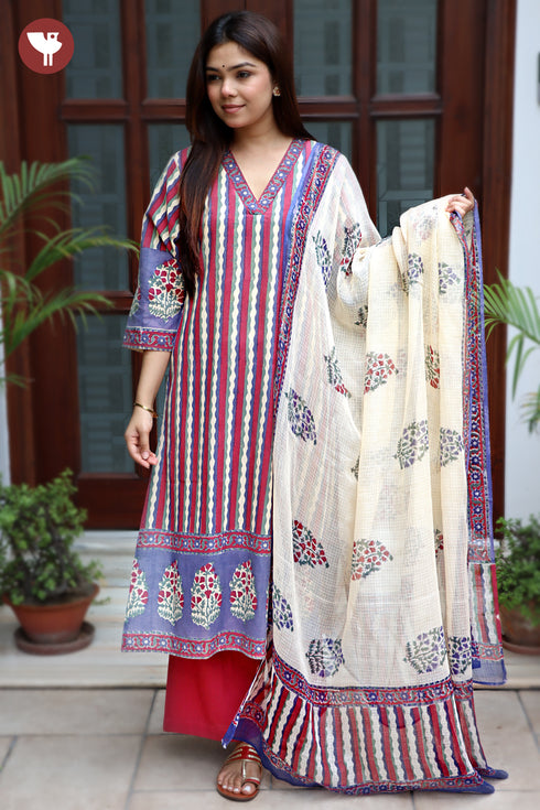 Terry Voile Kurta Pant with Dupatta in Floral Block Print