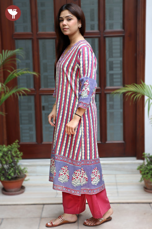 Terry Voile Kurta Pant with Dupatta in Floral Block Print