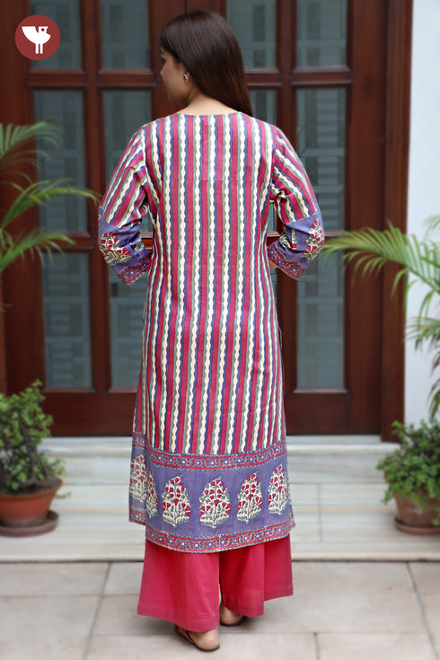 Terry Voile Kurta Pant with Dupatta in Floral Block Print